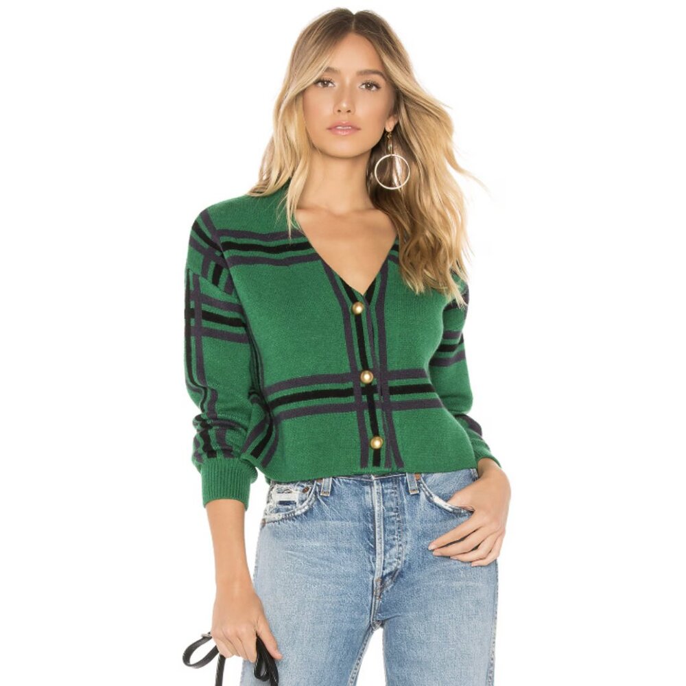 TULAROSA Bellair Cardigan Green Plaid XS Preppy Cropped Old Money